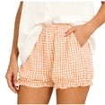 thumbnail image 1 of VEKDONE Women's Summer Gingham Shorts Casual Elastic Waisted Beach Shorts Ruffled Hem Lightweight Breathable Daily Shorts with Pockets Orange M, 1 of 5