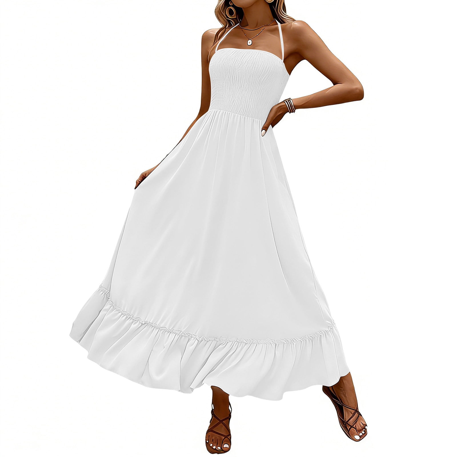 Vekdone Women's Summer Maxi Dress Casual Loose Fit Flowy A-Line Dresses Sleeveless Spaghetti Strap Halter Long Dress Smocked Tiered Beach Sundresses