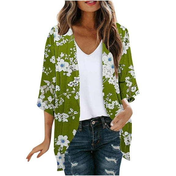 VEKDONE Women's Summer Plus Size Open Front Cardigan 3/4 Sleeve Lightweight Breathable Cardigans Ruffle Loose Beach Cover Ups