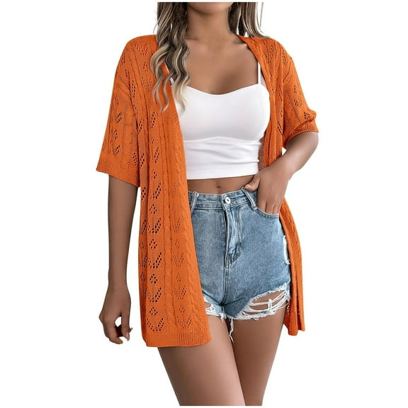 VEKDONE Women's Summer Short Sleeve Crochet Cardigan Sweaters Lightweight Boho Knit Kimono Outwear Solid Color Hollow Out Breathable Knitted Cardigans