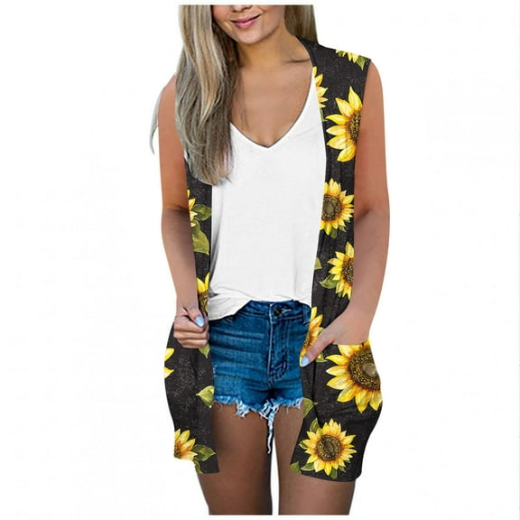 VEKDONE Women's Sunflower Print Sleeveless Cardigan Lightweight Loose Summer Long Casual Open Front Vests with Pockets Beach Cover Ups