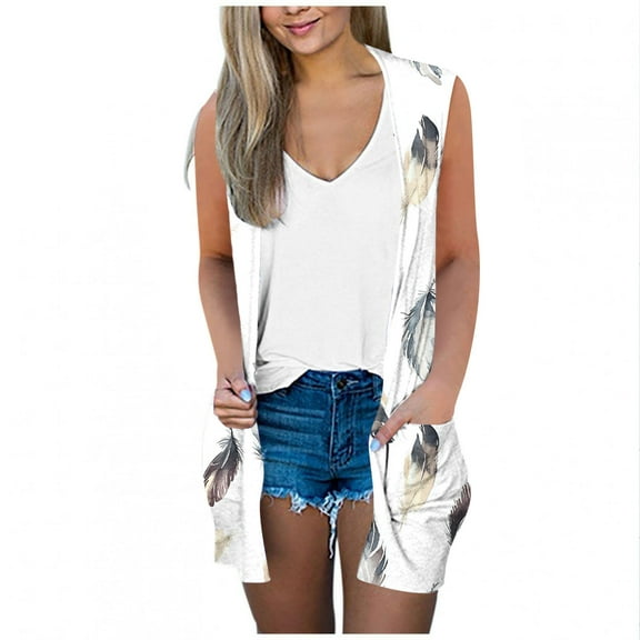 VEKDONE Women's Sunflower Print Sleeveless Cardigan Lightweight Loose Summer Long Casual Open Front Vests with Pockets Beach Cover Ups