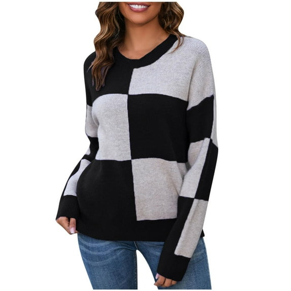 VEKDONE Women's Sweaters Fashion Plaid Color Block Pullover Sweater Fall Long Sleeve Crew Neck Tops Casual Loose Fit Soft Blouse