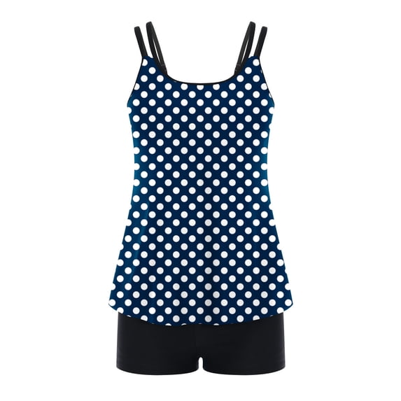 VEKDONE Women's Tankini Bathing Suit 2 Piece Tummy Control Swimsuit Top with Boyshorts Polka Dot Print Spaghetti Straps Swimwear Navy XXL