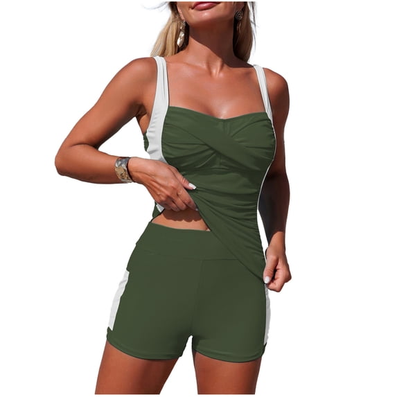 VEKDONE Women's Tankini Swimsuit with Shorts Two Piece High Waisted Ruched Bathing Suit Tummy Control Swimwear with Pockets Army Green S