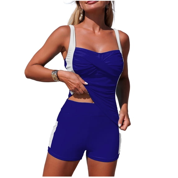 VEKDONE Women's Tankini Swimsuit with Shorts Two Piece High Waisted Ruched Bathing Suit Tummy Control Swimwear with Pockets Navy L