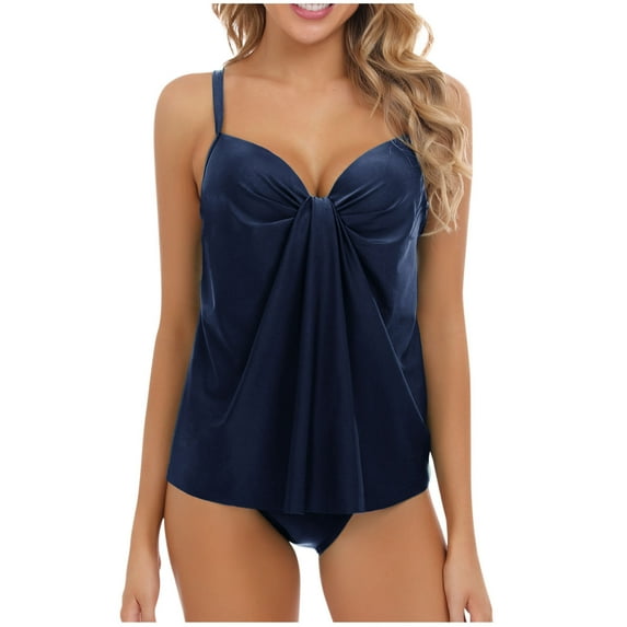 VEKDONE Women's Tankini Swimsuits Push Up Tummy Control Two Piece Swimsuit Solid Color Flowy Swimwear Ruched Knot Front Bathing Suit for Beach & Pool Navy M