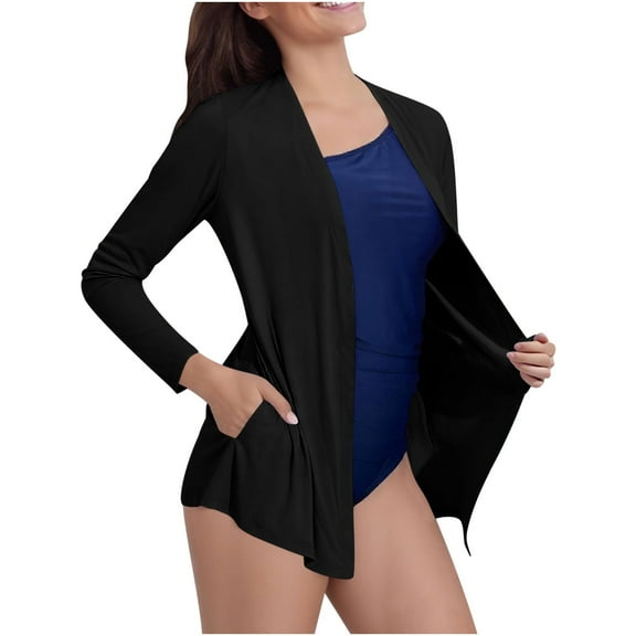 VEKDONE Women's UPF 50 Sun Shirts Cardigans Long Sleeve Lightweight Beach Cover Up Tops Open Front Cardigan with Pockets Solid Color Swimsuit Coverup
