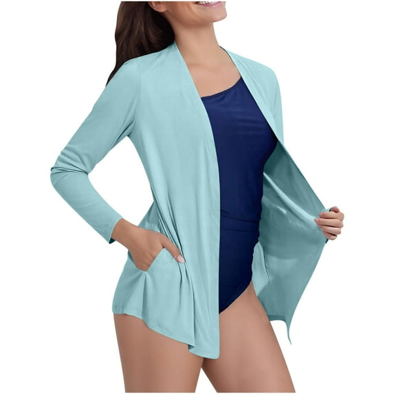 VEKDONE Women's UPF 50+ Sun Shirts Cardigans Long Sleeve Lightweight Beach Cover Up Tops Open Front Cardigan with Pockets Solid Color Swimsuit Coverup