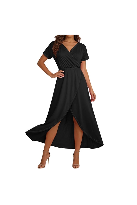 Women's V Neck Wrap Dress Twisted Slit Pleated Waist Tie Short Sleeve Dress Summer Elegant Flowy Swing Midi Dresses Vacation Beach Dresses Black XL