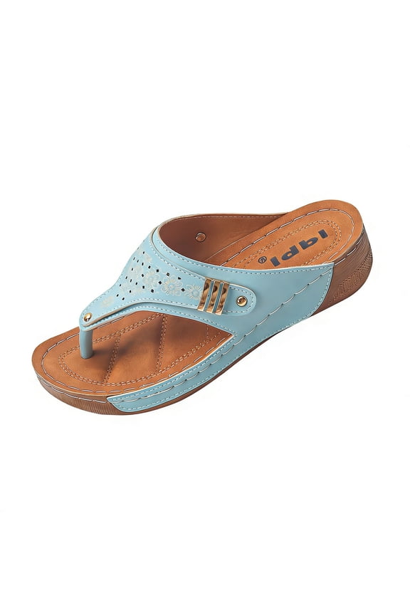 Women's Versatile Casual Metal-Trimmed Perforated Wedge Heel Mules Plus Size Spring/Summer Trendy Comfortable Sandals Sky Blue 9