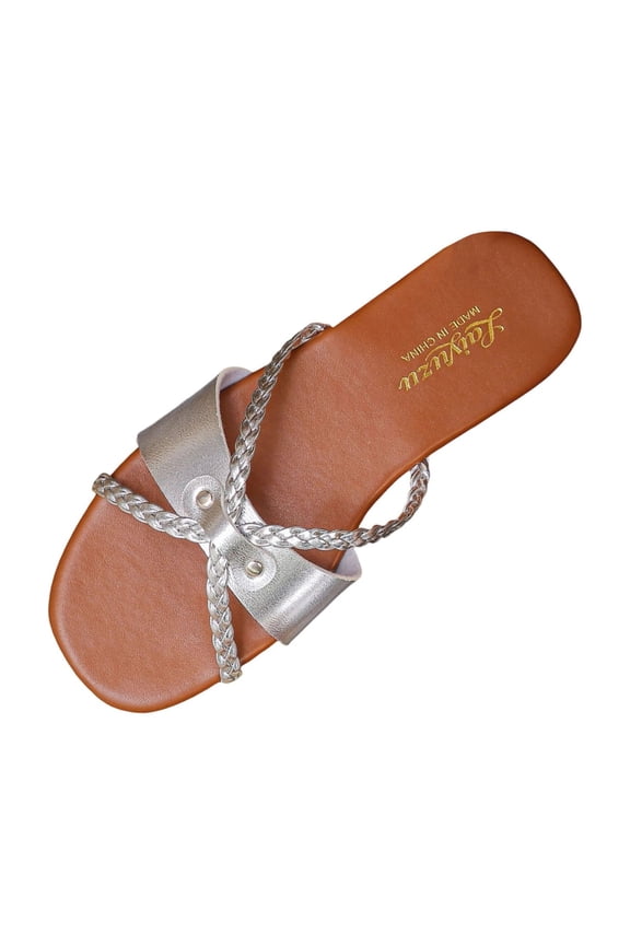 Women's Versatile Plus-Size Strappy Sandals Spring/Summer Style Trendy Comfortable Heel Open Toe Two-Way Beach Flat Sandals. Silver 6