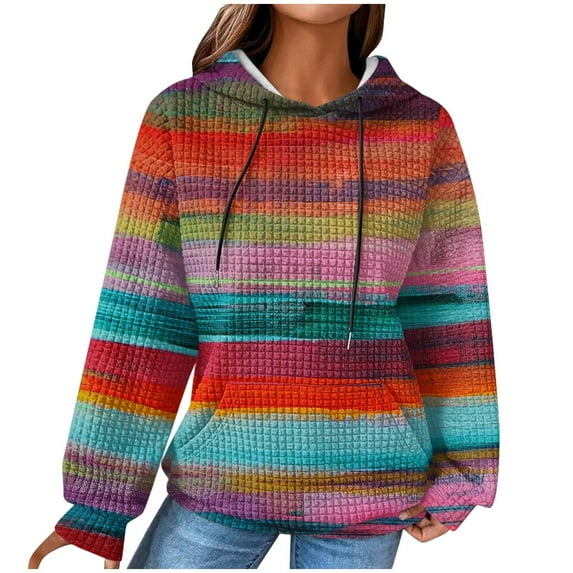 VEKDONE Women's Waffle Knit Hoodie Stripe Color Block Pullover Sweatshirt Plus Size Drawstring Hooded Sweatshirts Fall Fashion Loose Fit Hoodies with Kangaroo Pockets