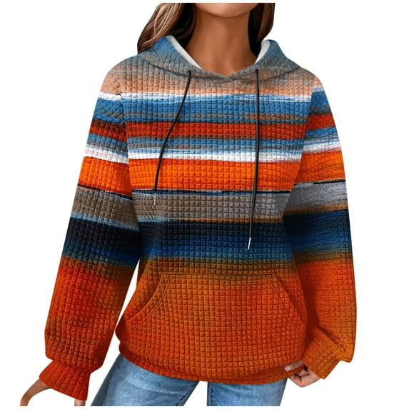 VEKDONE Women's Waffle Knit Hoodie Stripe Color Block Pullover Sweatshirt Plus Size Drawstring Hooded Sweatshirts Fall Fashion Loose Fit Hoodies with Kangaroo Pockets