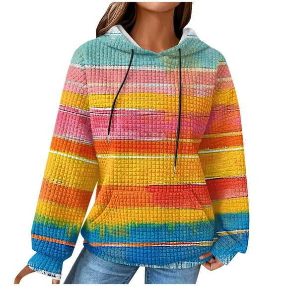 VEKDONE Women's Waffle Knit Hoodie Stripe Color Block Pullover Sweatshirt Plus Size Drawstring Hooded Sweatshirts Fall Fashion Loose Fit Hoodies with Kangaroo Pockets