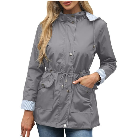 VEKDONE Women's Waterproof Windbreaker Coat Long Sleeve Button Down Hooded Rain Jacket Solid Color Drawstring Tunic Outerwear Casual Fall Jackets with Pockets
