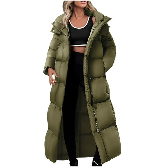 VEKDONE Women's Winter Long Puffer Coats with Hood Button Zip Up Thickened Down Jackets Winter Trendy Warm Clothes Outerwear with Pockets