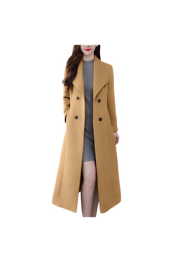 Women's Wool Pea Coat Winter Long Sleeve Lapel Long Coats Solid Color Loose Fit Overcoat Outerwear with Pockets