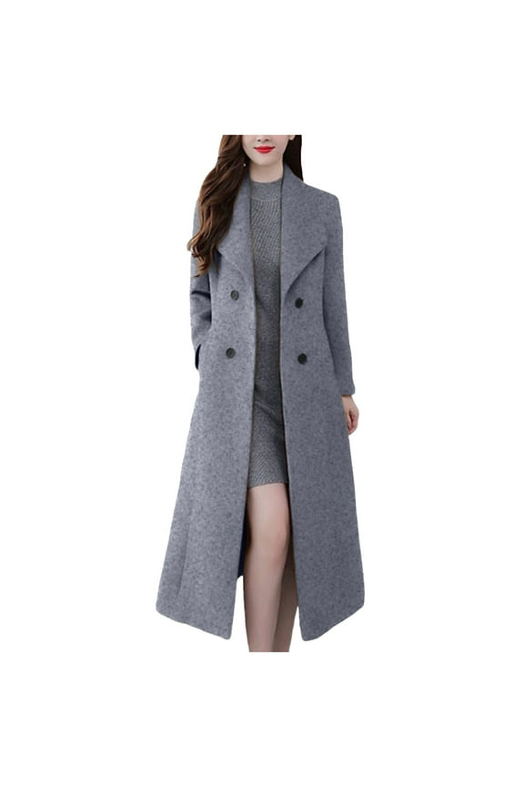 Women's Wool Pea Coat Winter Long Sleeve Lapel Long Coats Solid Color Loose Fit Overcoat Outerwear with Pockets