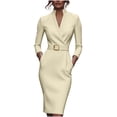 thumbnail image 1 of VEKDONE Women's Work Pencil Dress Elegant Long Sleeve Wrap V Neck Stand Collar Bodycon Dress with Belted Solid Color Office Business Dresses Beige S, 1 of 8