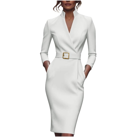 VEKDONE Women's Work Pencil Dress Elegant Long Sleeve Wrap V Neck Stand Collar Bodycon Dress with Belted Solid Color Office Business Dresses White S