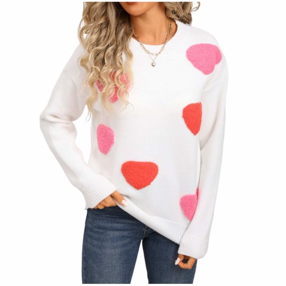 VEKDONE Women's Y2k Oversized Knit Sweater Heart Print Long Sleeve Crew Neck Loose Pullover Tops Streetwear