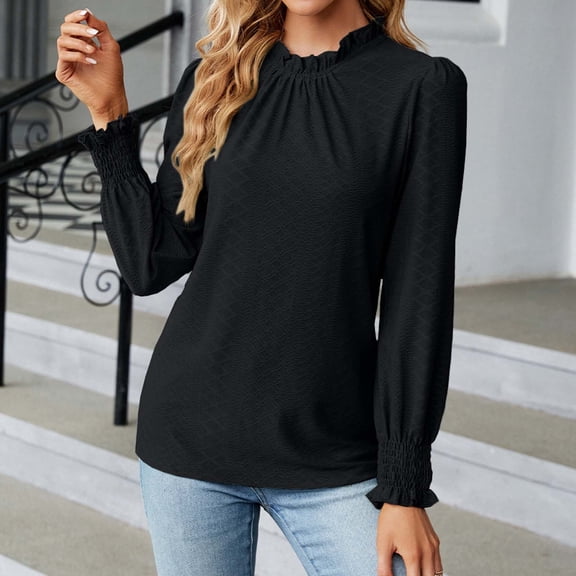 VEKDONE Womens 15 Under Womens Long Sleeve Blouses Elegant Shirts Casual Loose Tops Ruffles Hem Pleated Tees Shirts Black,XL