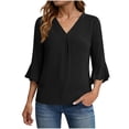 thumbnail image 1 of VEKDONE Womens 3/4 Length Sleeve Dressy Tops Fashion Chiffon Tunic Tops Summer Ruffle V Neck Flowy Shirts Solid Color Lightweight Business Blouse Black M, 1 of 4