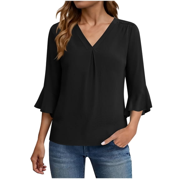 VEKDONE Womens 3/4 Length Sleeve Dressy Tops Fashion Chiffon Tunic Tops Summer Ruffle V Neck Flowy Shirts Solid Color Lightweight Business Blouse Black M