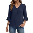 thumbnail image 1 of VEKDONE Womens 3/4 Length Sleeve Dressy Tops Fashion Chiffon Tunic Tops Summer Ruffle V Neck Flowy Shirts Solid Color Lightweight Business Blouse Navy M, 1 of 4