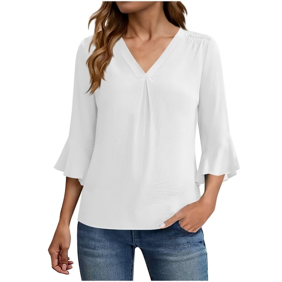 VEKDONE Womens 3/4 Length Sleeve Dressy Tops Fashion Chiffon Tunic Tops Summer Ruffle V Neck Flowy Shirts Solid Color Lightweight Business Blouse White M