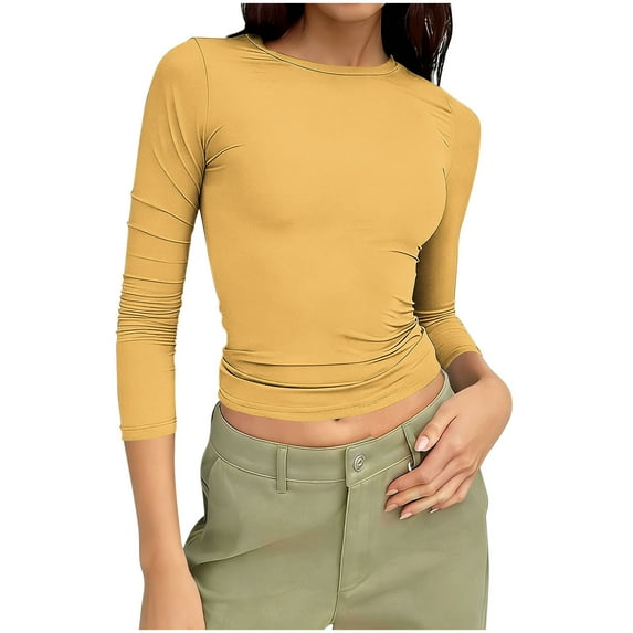 VEKDONE Womens 3/4 Length Sleeve Solid Color Crew Neck Tunic Tops Casual Stretch Slim Fit T-Shirts Basic Tees Spring Summer Going Out Outfits Clothes Yellow XXXL