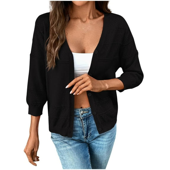 VEKDONE Womens 3/4 Sleeve Cardigan Coat Button up Thin Fleece Bolero Coat Crochet Knit Shrug Sweater Solid Color Soft Lounge Outerwear