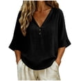 thumbnail image 1 of VEKDONE Womens 3/4 Sleeve Cotton Shirt Button Down V Neck Loose Fit Tunic Tops Summer Trendy Solid Color Blouse Casual Beach Vacation T Shirts Black XL, 1 of 7