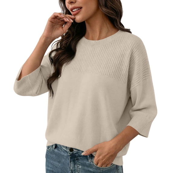VEKDONE Womens 3/4 Sleeve Knitted Sweaters Casual Loose Fit Crewneck Knitwear Summer Soft Comfy Pullover Top Solid Color Blouse Khaki XL