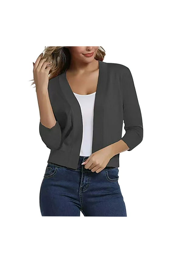 Womens 3/4 Sleeve Sweater Cardigan Solid Color Knit Small Coat Casual Lightweight Cropped Cardigans Outwear Soft Loose Comfy Open Front Sweaters Dark Gray L