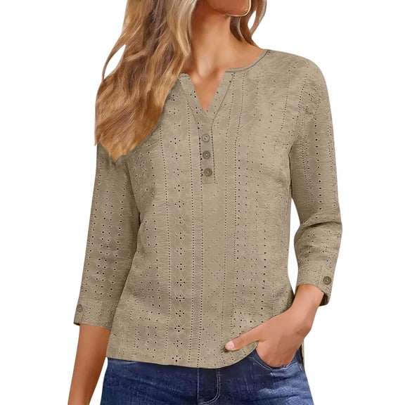 VEKDONE Womens 3/4 Sleeve Tops Button Down V Neck Eyelet Shirts Summer Casual Loose Fit Breathable Blouse Solid Color Basic Tees Fashion Clothes Khaki XL