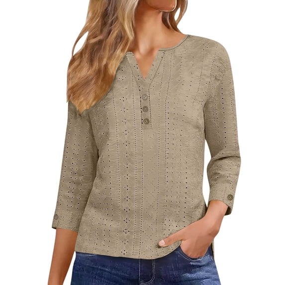 VEKDONE Womens 3/4 Sleeve Tops Button Down V Neck Eyelet Shirts Summer Casual Loose Fit Breathable Blouse Solid Color Basic Tees Fashion Clothes Khaki XL