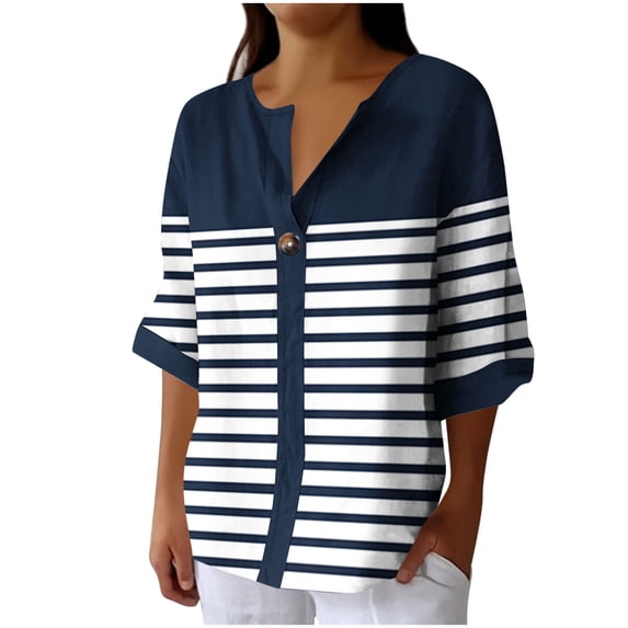 VEKDONE Womens 3/4 Sleeve Tops Striped Color Block Tunic Tops Summer Button Down V-Neck Blouse Casual Lightweight Comfy Shirts Fashion Clothes Navy XL