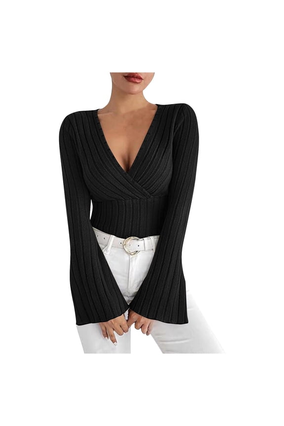 Womens Bell Sleeve Crop Tops Deep V-Neck Wrap Blouses Ribbed Knit Stretch Slim Fit Tunic Tops Solid Color Soft Comfy Pullover Top Party Tops