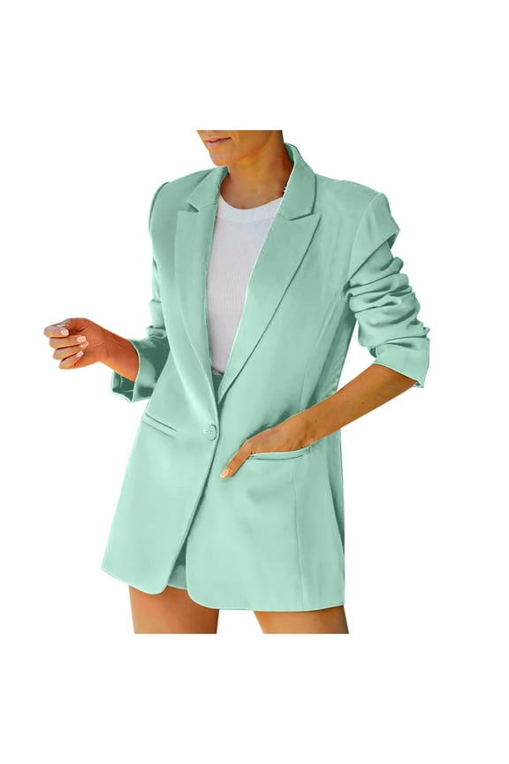 Womens Blazer Jackets 2026 Casual Long Sleeve Button Lapel Coat with Pockets Trendy Solid Color Slim Office Blazers Jacket Mint Green XXL