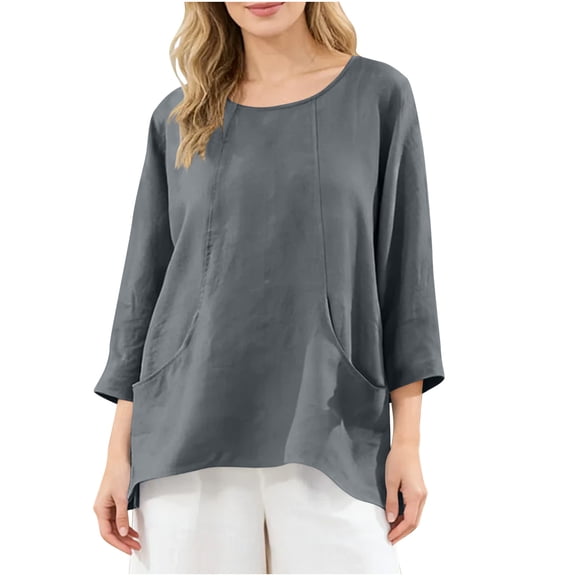 VEKDONE Womens Blouses Trendy Solid Color Loose Fit Pullover Top 3/4 Length Sleeve Crewneck Shirts Summer Beach Gauze Tops with Pockets Black XL