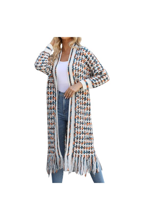 Womens Boho Cardigan Sweater Open Front Fringed Tassels Aztec Maxi Cardigan Jacket Fall Winter Long Sleeve Loose Long Cardigans