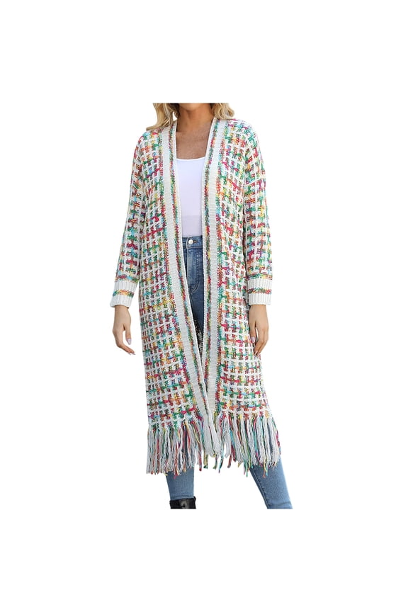Womens Boho Cardigan Sweater Open Front Fringed Tassels Aztec Maxi Cardigan Jacket Fall Winter Long Sleeve Loose Long Cardigans