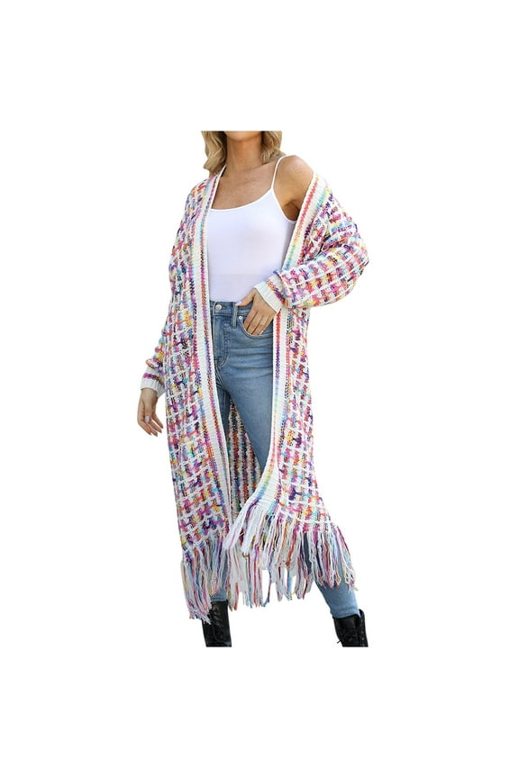 Womens Boho Cardigan Sweater Open Front Fringed Tassels Aztec Maxi Cardigan Jacket Fall Winter Long Sleeve Loose Long Cardigans