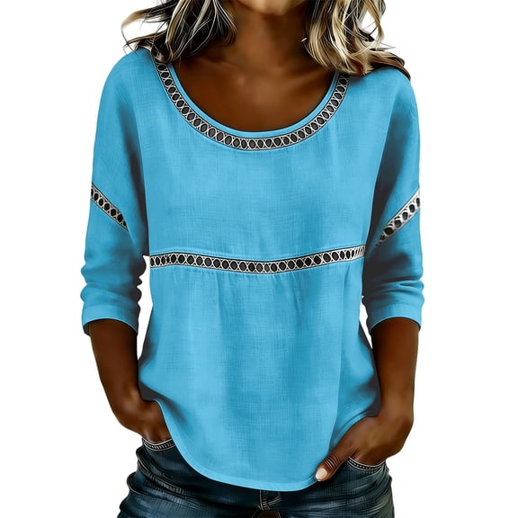 VEKDONE Womens Boho Peasant Blouses 3/4 Sleeve Linen Gauze Tops Lace Patchwork Loose Fit Lightweight Shirts Solid Color Crewneck Pullover Top Fashion Clothes Blue L