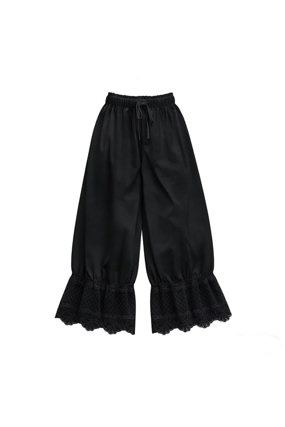 Womens Boho Wide Leg Pants Y2K Lace Trim Hem Long Bloomers Elastic Mid Rise Ruffle Pantaloons Cropped Flared Slips Pants Pajama Bottoms Black M
