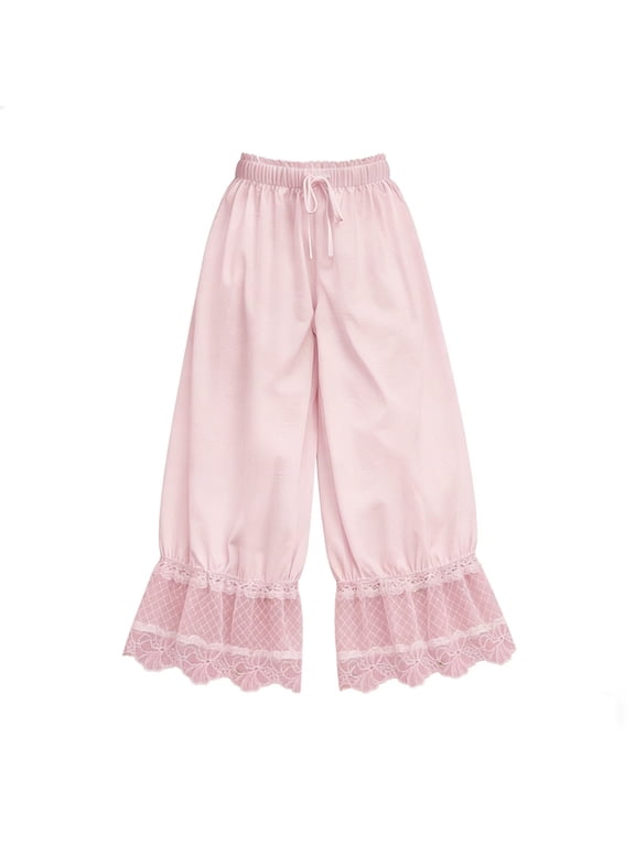 Womens Boho Wide Leg Pants Y2K Lace Trim Hem Long Bloomers Elastic Mid Rise Ruffle Pantaloons Cropped Flared Slips Pants Pajama Bottoms Pink S