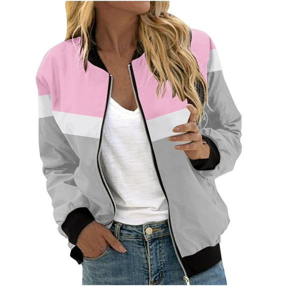 VEKDONE Womens Bombers Jackets Fashion Color Block Zip Up Coats Casual Long Sleeve Loose Fit Jacket with Pockets Fall Outdoor Streetwear Coat
