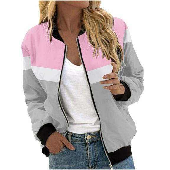 VEKDONE Womens Bombers Jackets Fashion Color Block Zip Up Coats Casual Long Sleeve Loose Fit Jacket with Pockets Fall Outdoor Streetwear Coat